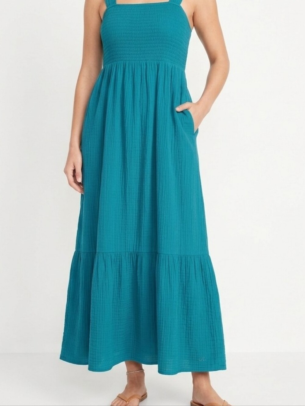SOMA Teal Sleeveless  Smocked Maxi Dress with Square Neck Built-in Bra & Pockets
